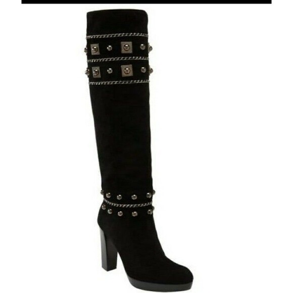 STUART WEITZMAN'Stadium' Suede Tall Boots Embellished withMetal Studs&Chain 6m